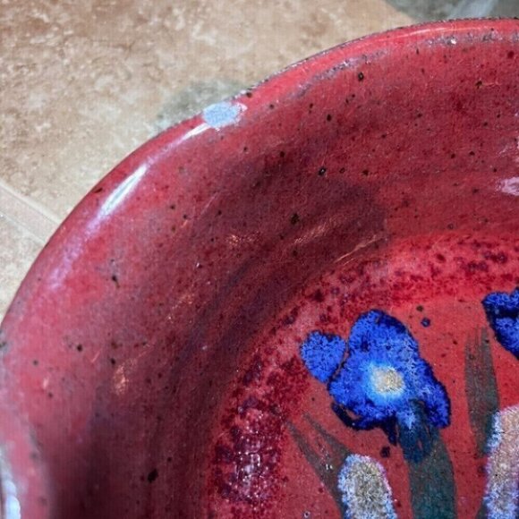 Stoneware red blue flowers bowl handmade OOAK studio pottery - Picture 6 of 10